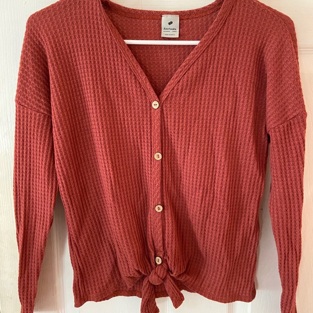 Long-sleeve button-down top w/ front tie